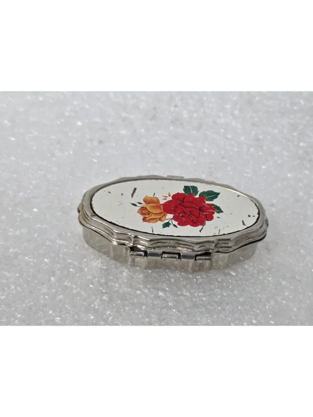 Vintage Oval Metal Pill Box Floral Design Lid Hinged Closure Compact Rose Motif